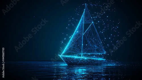 Futuristic glowing sailboat made of blue digital particles floating on dark water background
