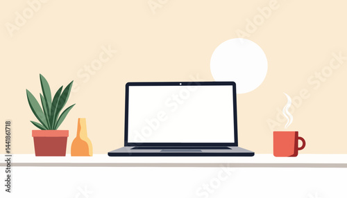 Cozy laptop setup with coffee and plant, home workspace comfort