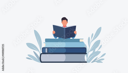 Legal assistant reading on geometric books, minimalistic design