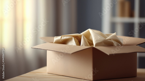 Open cardboard box with protective packaging paper inside is placed on a wooden table in a sunlit room, suggesting a recent delivery or preparation for shipping