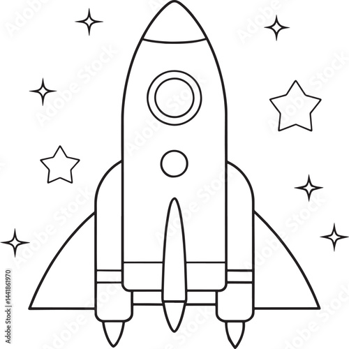 rocket ship among planets and stars coloring page vector illustration