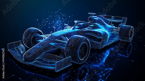 Futuristic glowing formula racing car with digital blue light and abstract technology background
