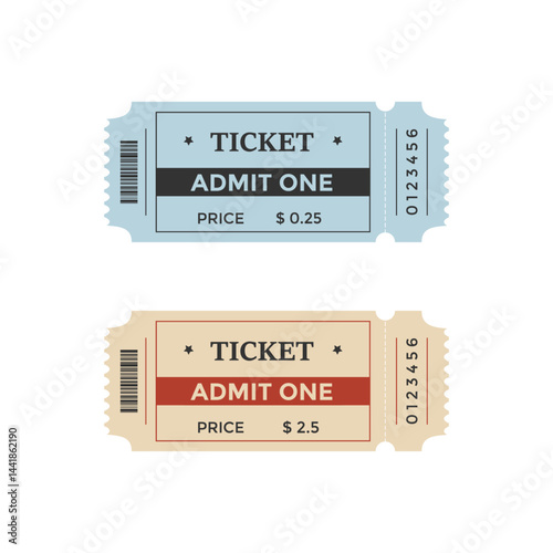 Vector illustration of two tickets with numbering, price and barcode. The inscription "Admit One", "Ticket". The style is simple and minimalistic