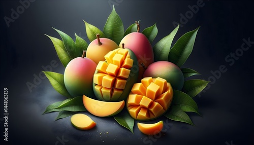 High-quality photo of mangga fruits with natural shading and vibrant details, isolated background for food marketing.