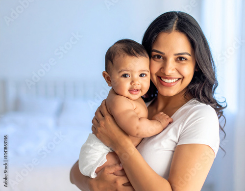 Una madre sonriente demostrando amor con su hijo bebé en brazos como una familia feliz
