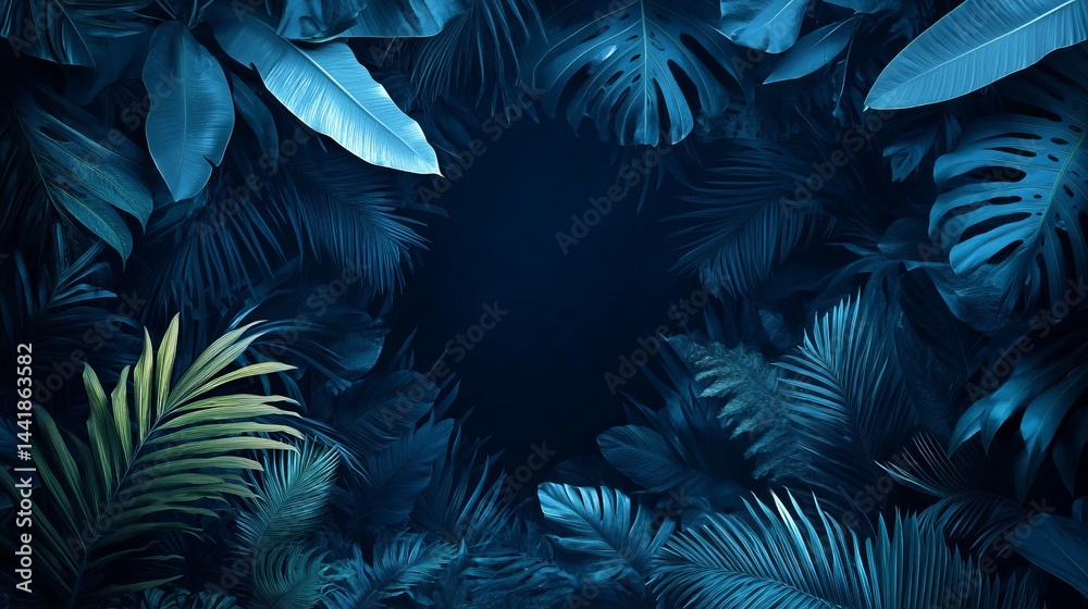 Fototapeta premium Dark blue tropical leaves lush exotic nature background frame palm green image photo plants design