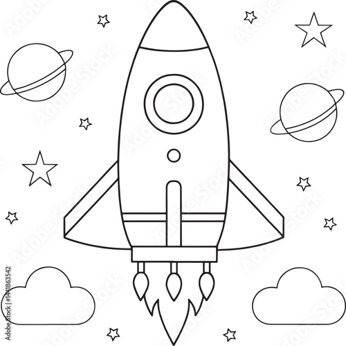 rocket flying in space with cute design coloring page vector illustration