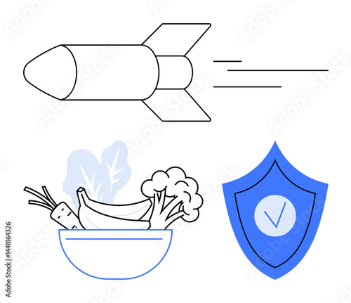 Bowl of fresh vegetables, secure shield with checkmark, and a flying missile representing health, security, speed, technology, protection, nutrition and conflict. Ideal for simple landing page