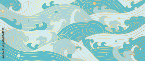 Japanese sea wave background vector. Wallpaper design with blue and gold line  ocean wave pattern backdrop. Modern luxury oriental illustration for cover, banner, website, decor, border.