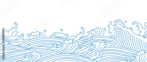 Japanese sea wave background vector. Wallpaper design with blue and white ocean wave pattern backdrop. Modern luxury oriental illustration for cover, banner, website, decor, border.