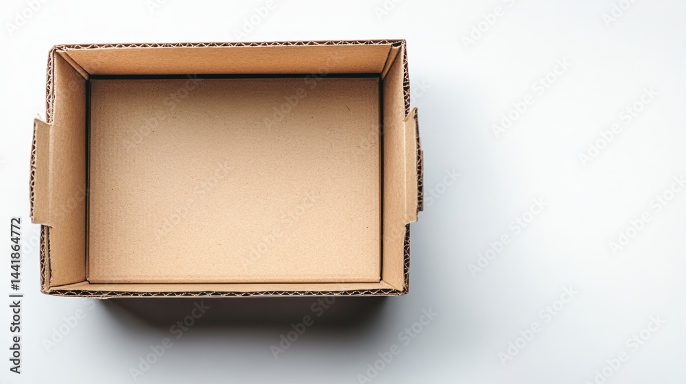 Fototapeta premium Empty cardboard box on white surface packaging clean and minimalist environment top view