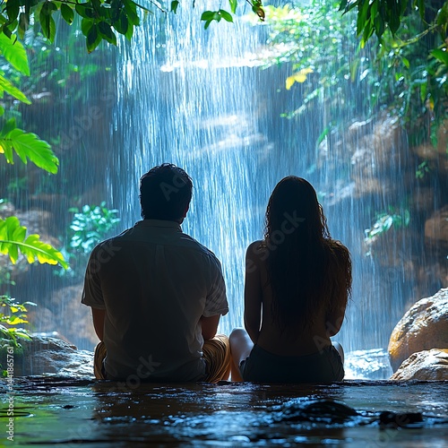 Couple sits before a waterfall