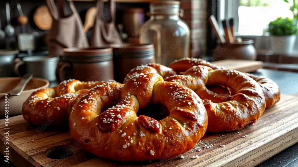 German bakery displaying freshly baked pretzels on wooden tray, shiny brown crust