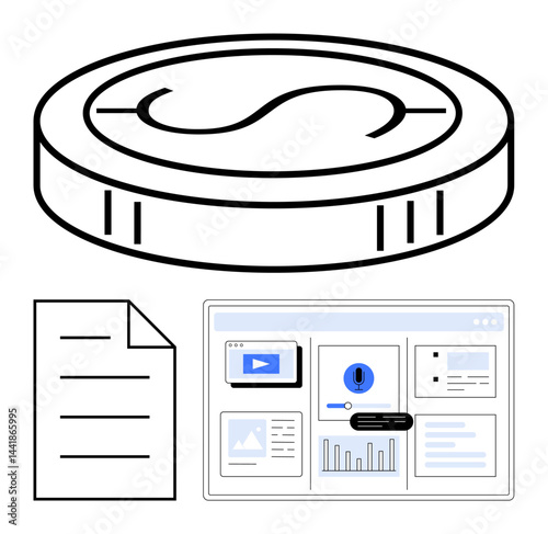 Digital coin above a browser financial dashboard and a document. Ideal for finance, cryptocurrency, data management, online tools, economy, reporting, innovation. Flat simple metaphor
