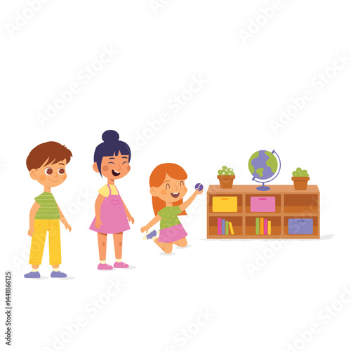 Happy, smiling funny international kids playing together. Diversity. Children having fun time together. Kids friendship concept. Vector illustration cartoon flat style