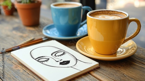 Artistic coffee break with a sketch of a face