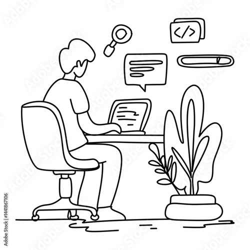 Male Programmer Working Online. Coding website interface on laptop. Simple, modern illustration. Ideal for tech articles, tutorials. Diligent, industrious mood