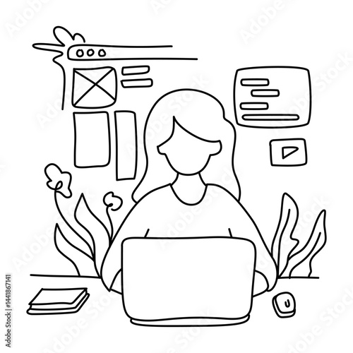 Web Developer Woman Coding. Sitting on abstract steps, working on laptop. Modern, clean line art. Perfect for tech, freelance, digital work. Focused, creative atmosphere
