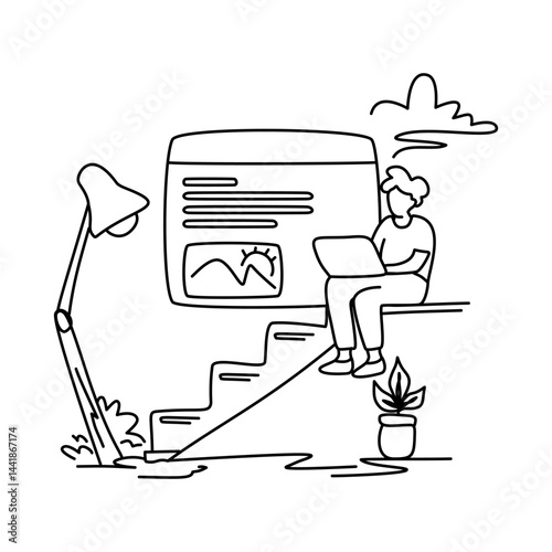 Web Developer Man Coding at Desk. Working on laptop with gear icons. Clean line art. Perfect for software development, programming. Focused, technical atmosphere