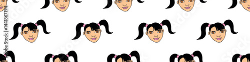 Vector seamless pattern with cartoon face girl or woman with two ponytails. Childish, girlish fun cute texture backdrop.