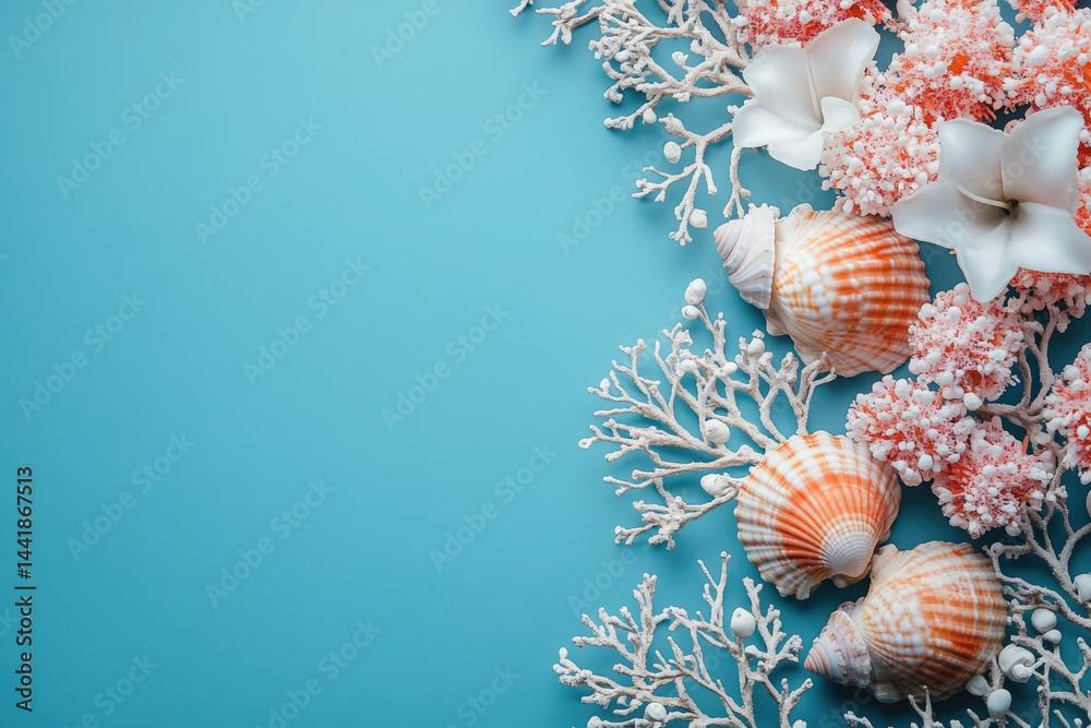 Obraz premium Coastal Composition with Seashells & Coral. Beautiful seashells, coral, and flowers arranged on a vibrant blue backdrop, creating a serene and inviting coastal aesthetic.