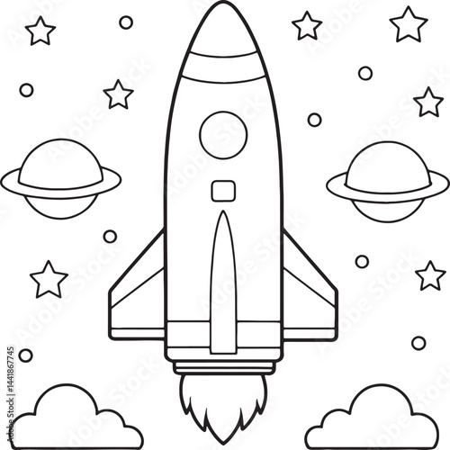 cute rocket ship coloring page with planets and stars coloring page vector illustration