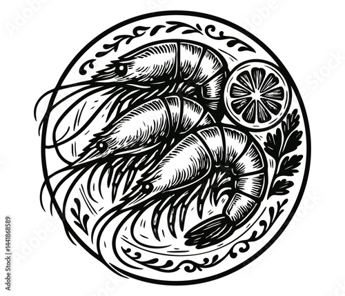 Shrimp on beautiful plate. Top view vector prawn illustration. Delicacy restaurant dish. Food presentation