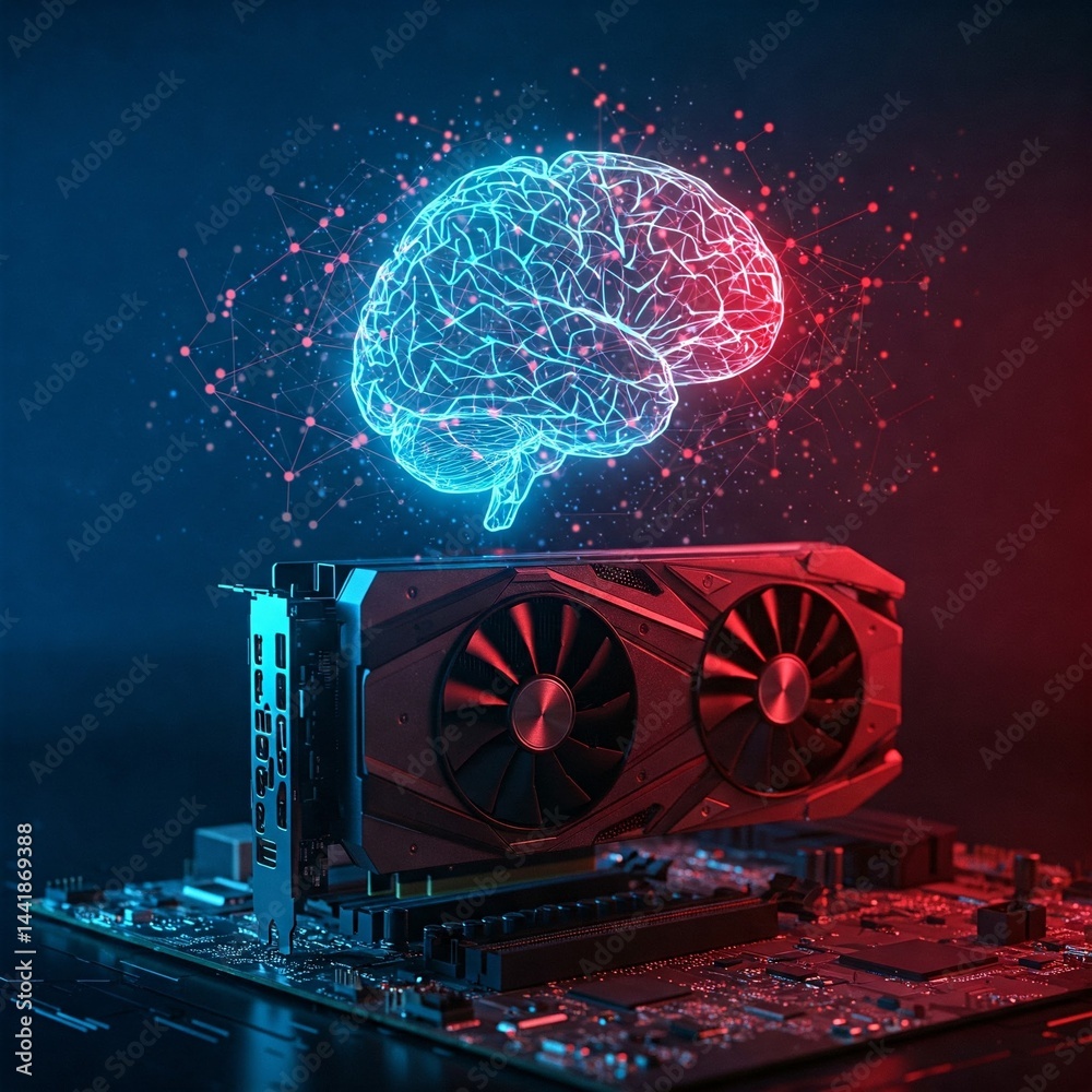Fototapeta premium Graphic card with brain hologram with network line