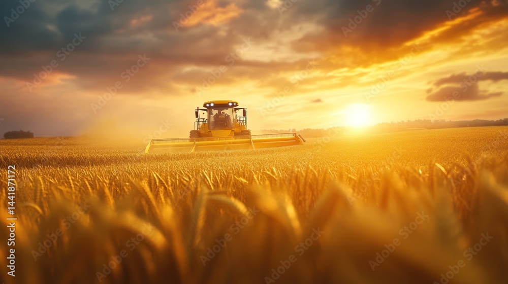 Fototapeta premium Golden Hour Harvest: A Combine Harvester in a Wheat Field at Sunset
