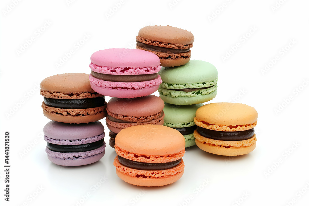 A delightful stack of colorful macarons, showcasing various pastel shades and rich chocolate fillings. Perfect for dessert menus, food blogs, or bakery websites. A delightful stack of colorful macarons, showcasing various pastel shades and rich chocolate fillings. Perfect for dessert menus, food blogs, or bakery websites.