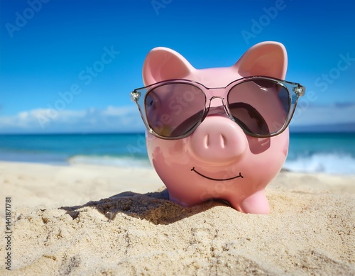 pink piggy bank wearing black sunglasses sits on a sunny sandy beach with a clear blue sky.