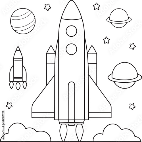 rocket ship soaring through stars and planets coloring page vector illustration