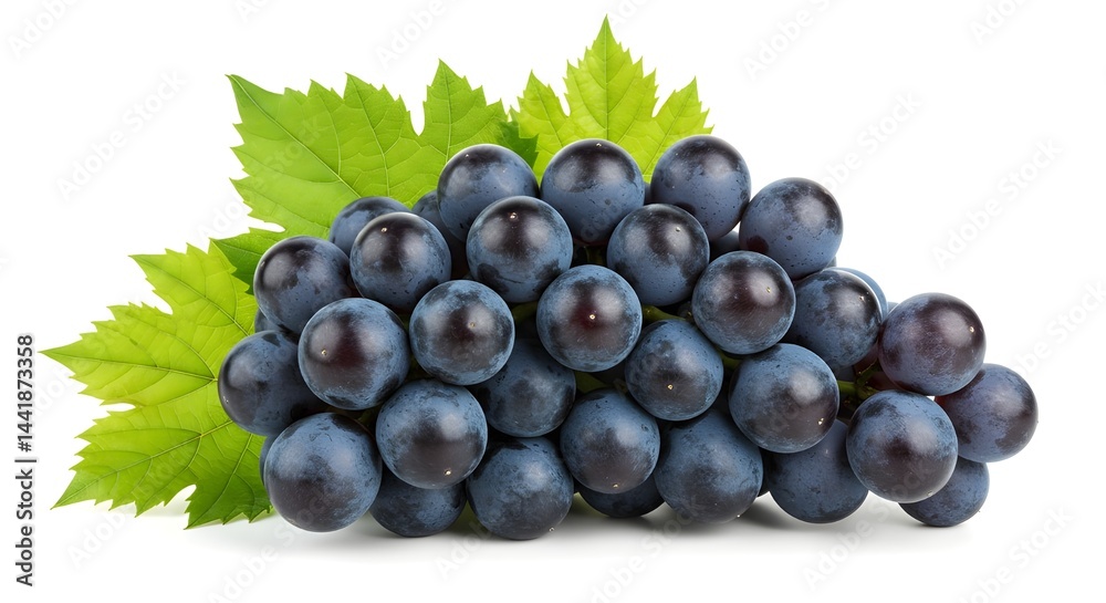 Fototapeta premium Fresh red grapes with green leaves isolated on white background, perfect for food, health, wine, and organic concept designs.