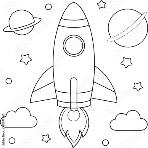 rocket launch into space with planetary sky coloring page vector illustration
