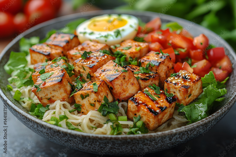 Grilled Tofu and Ramen Bowl with Fresh Vegetables and Egg for Healthy Dining Grilled Tofu and Ramen Bowl with Fresh Vegetables and Egg for Healthy Dining