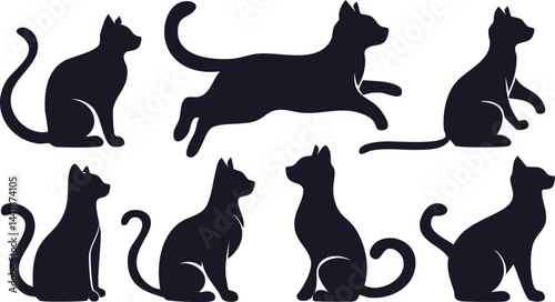 Vector Collection of Black Cat Silhouettes in Various Poses Including Sitting, Walking, and Curled Tail – Minimalist Feline Illustrations with Elegant Outlines and Simplified Shapes

