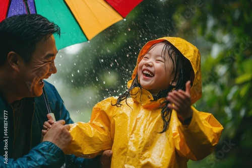 Father and daughter enjoying rainy day under colorful umbrella, laughing and playing together, happy family moments, bonding time outdoors in nature.
