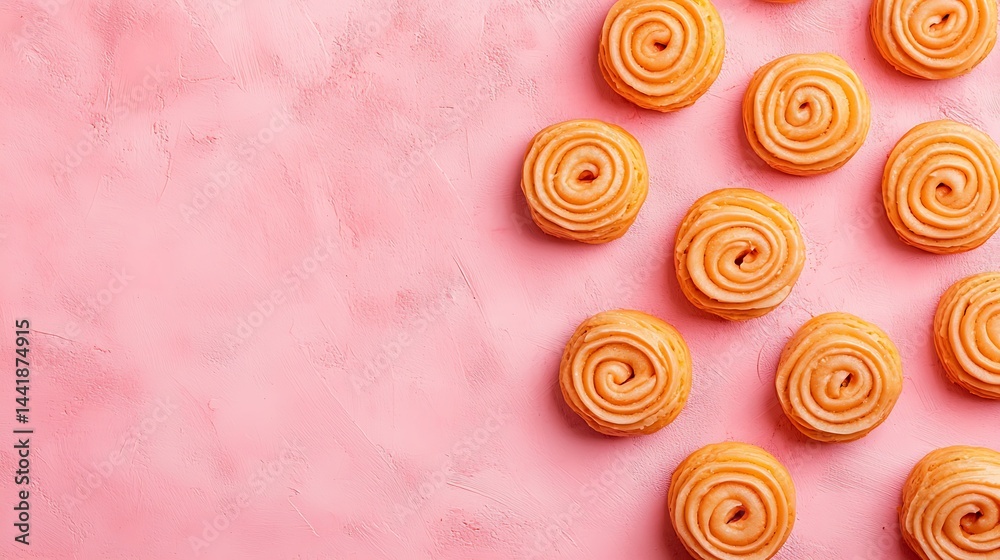 Swirled pastries arranged on a pink textured background, creating a visually appealing and tasty display.