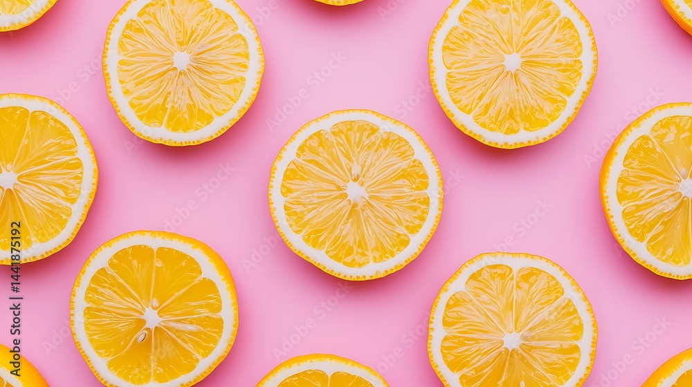 Sliced lemons arranged in a pattern on a pastel pink background, creating a fresh and vibrant look.