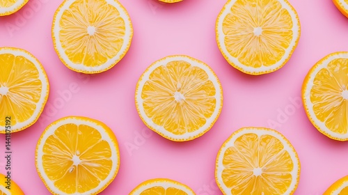 Obraz na płótnie Sliced lemons arranged in a pattern on a pastel pink background, creating a fresh and vibrant look. w salonie