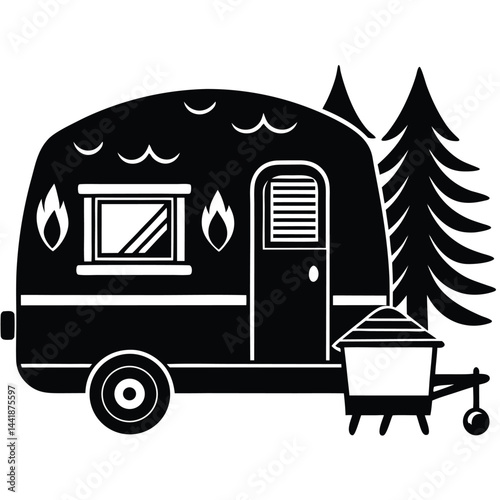 Camping Vehicle RV, camper van, trailer, roof tent vector Silhouette illustration 