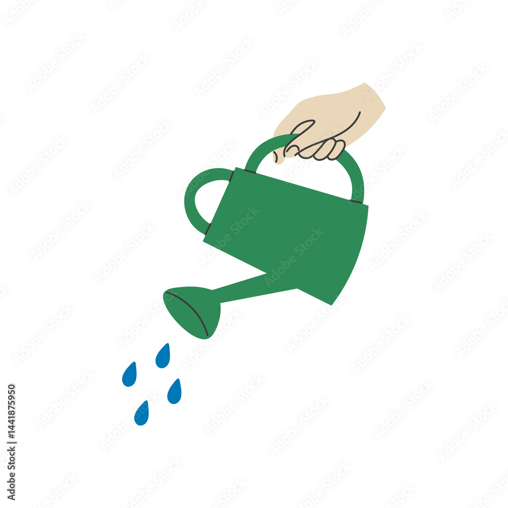 Obraz premium Hand Holds Watering Can and Waters. Pouring Gesture. Gardening Plant Care concept. Irrigation symbol. Flat vector illustration