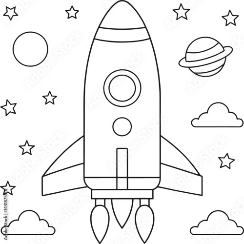 rocket launch with stars and planets line drawing coloring page vector illustration