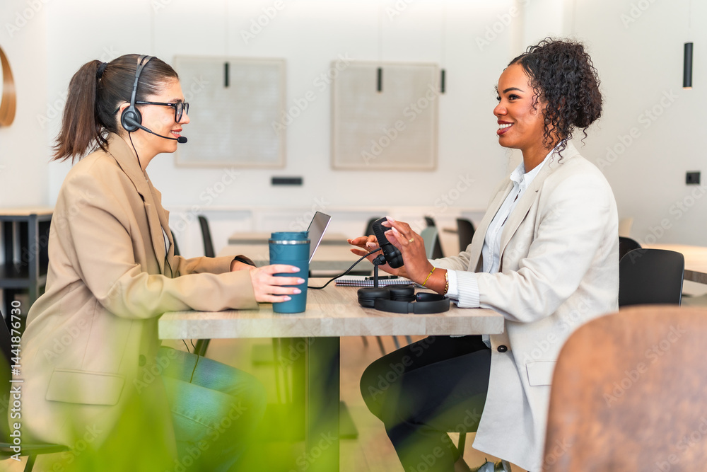 Podcasters recording a new episode in modern office