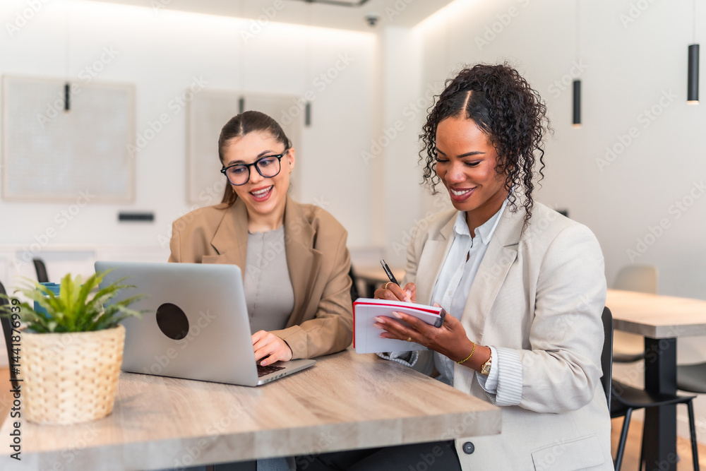 Businesswomen working together on laptop and taking notes in office