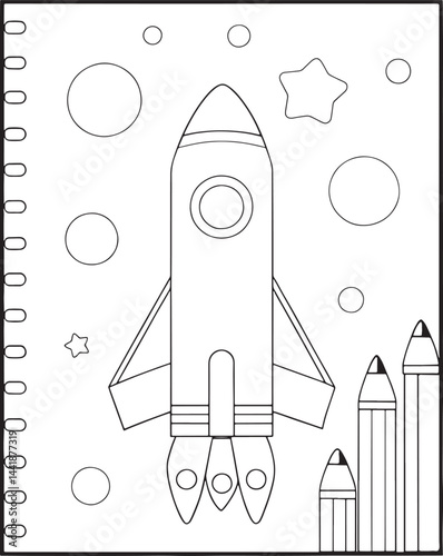 rocket ship in space with planetary background drawing coloring page vector illustration
