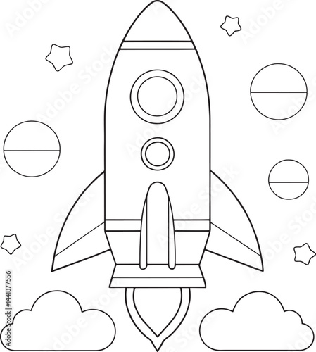rocket launching into space simple sketch design coloring page vector illustration
