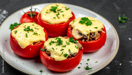 Delicious stuffed tomatoes with mushrooms and cheese. Tasty snack. Yummy food. Cooking concept