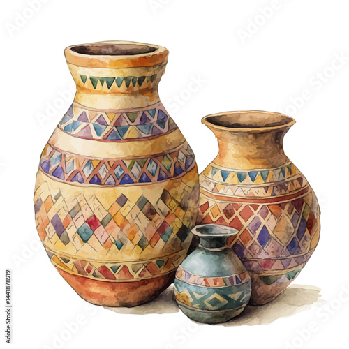 illustration of Parthian Clay Pots, watercolor vector, isolated on a white background.
