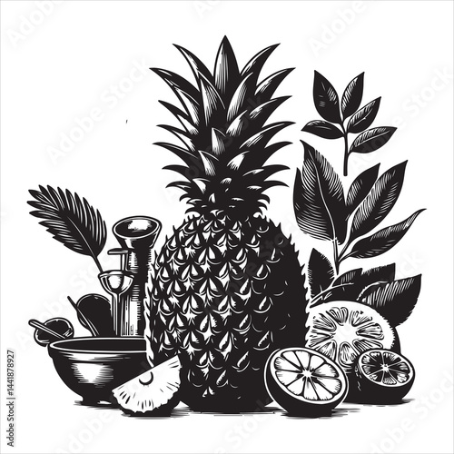a fresh pineapple fruit vector silhouette, vector black color silhouette, isolated white background 
